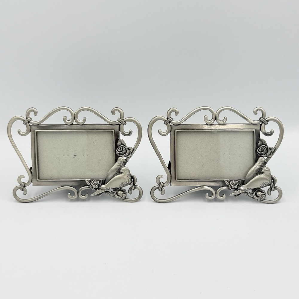 2 Love Bird Photo Frames Pewter Tone Roses Scrollwork Rhinestone 2x3 Cottagecore